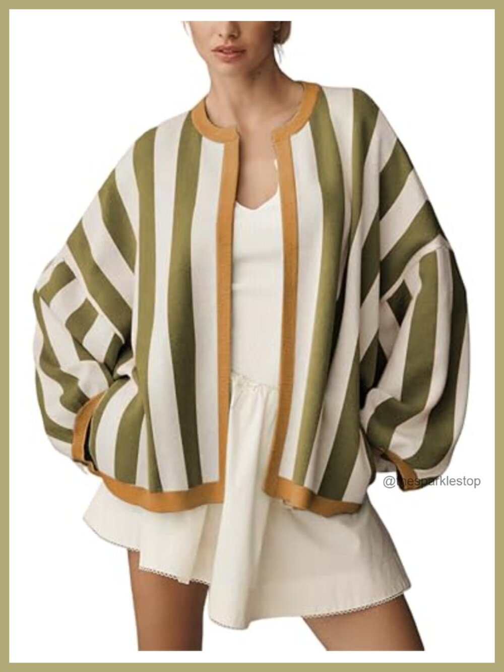Womens Loose Fit Striped Cardigan Long Balloon Sleeves Open Front Knit